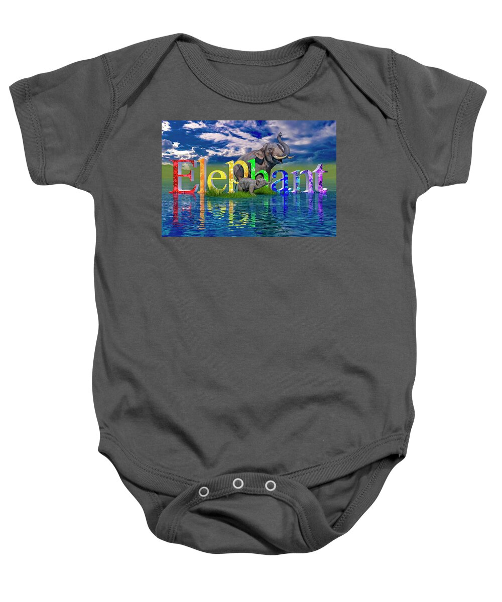 Elephant Baby Onesie featuring the digital art Precious E is for Elephant by Betsy Knapp