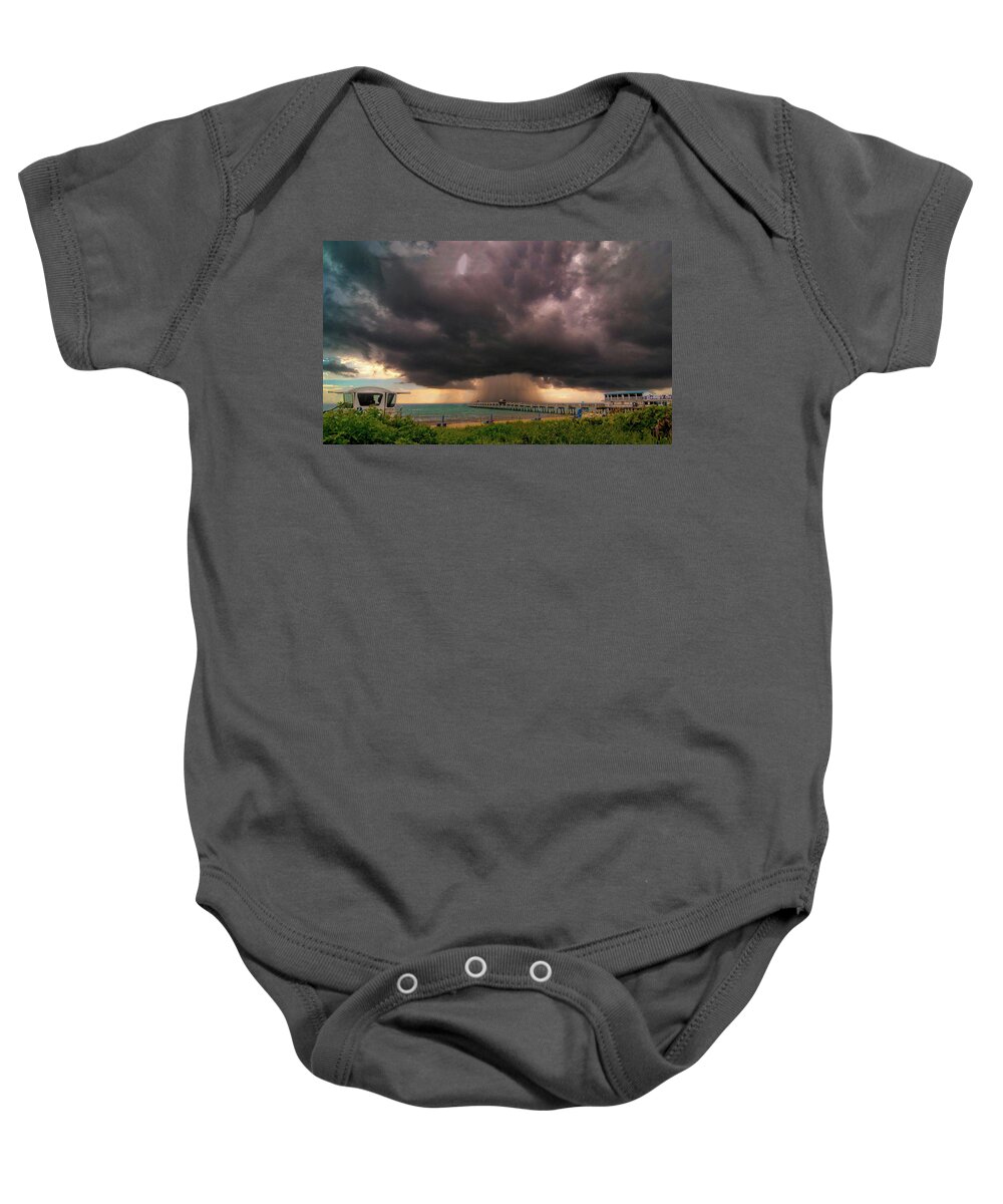 Clouds Baby Onesie featuring the photograph Rain Over Lake Worth Pier by Don Durfee
