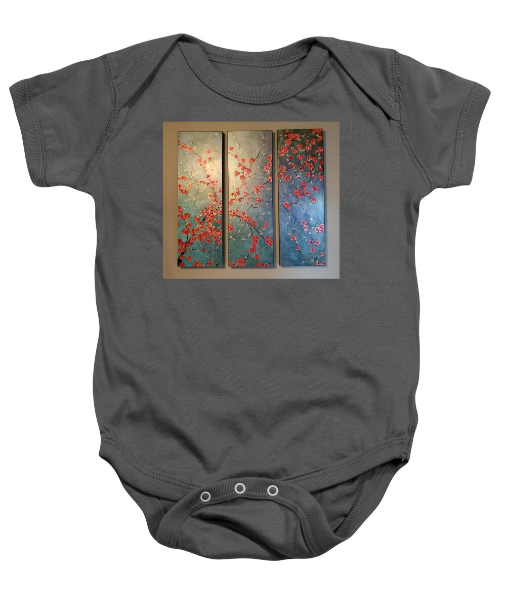 3 Baby Onesie featuring the painting Red Floral three canvas painting by Kathlene Melvin