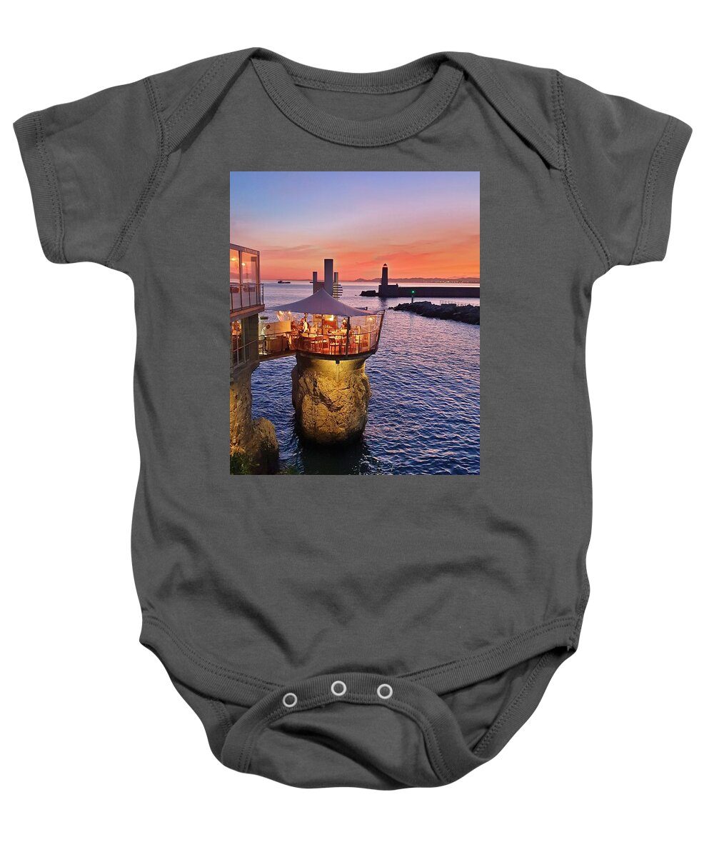 Nice Baby Onesie featuring the photograph Restaurant on the Rock by Andrea Whitaker