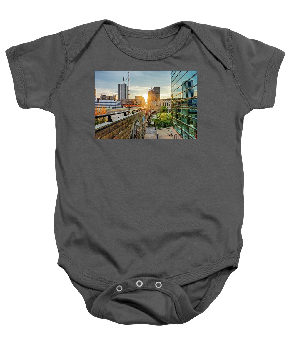 Rochester Baby Onesie featuring the photograph Rochester New York Court Street Bridge Reflection Sunrise by Toby McGuire