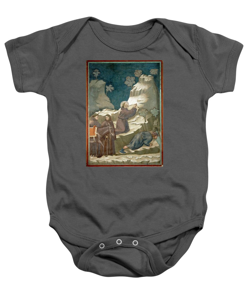 Francis Of Assisi Baby Onesie featuring the painting Saint Francis of Assisi and the miracle of the spring by Giotto di Bondone 1266-1337 -1979-. San ... by Album