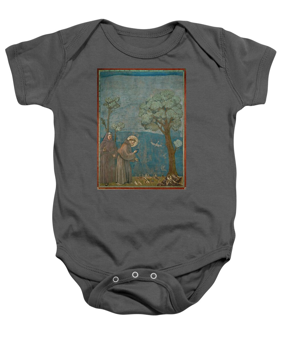 Francis Of Assisi Baby Onesie featuring the painting Saint Francis of Assisi preaching to the birds. Giotto. by Giotto di Bondone -1266-1337-