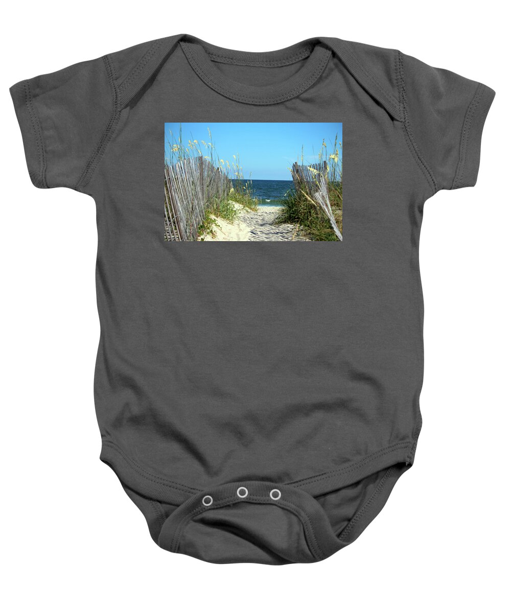 Ocean Baby Onesie featuring the photograph Sandy Path To The Sea by Cynthia Guinn