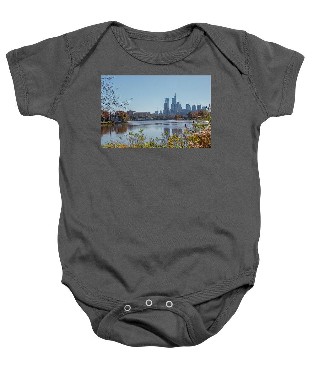 Schuylkill Baby Onesie featuring the photograph Schuylkill River Skyline View - Philadelphia in Autumn by Bill Cannon