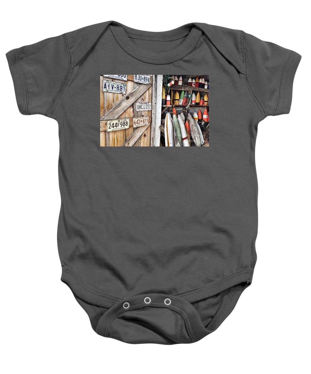 License Plates Baby Onesie featuring the photograph Sea Shack Plates And Buoys by Mary Capriole