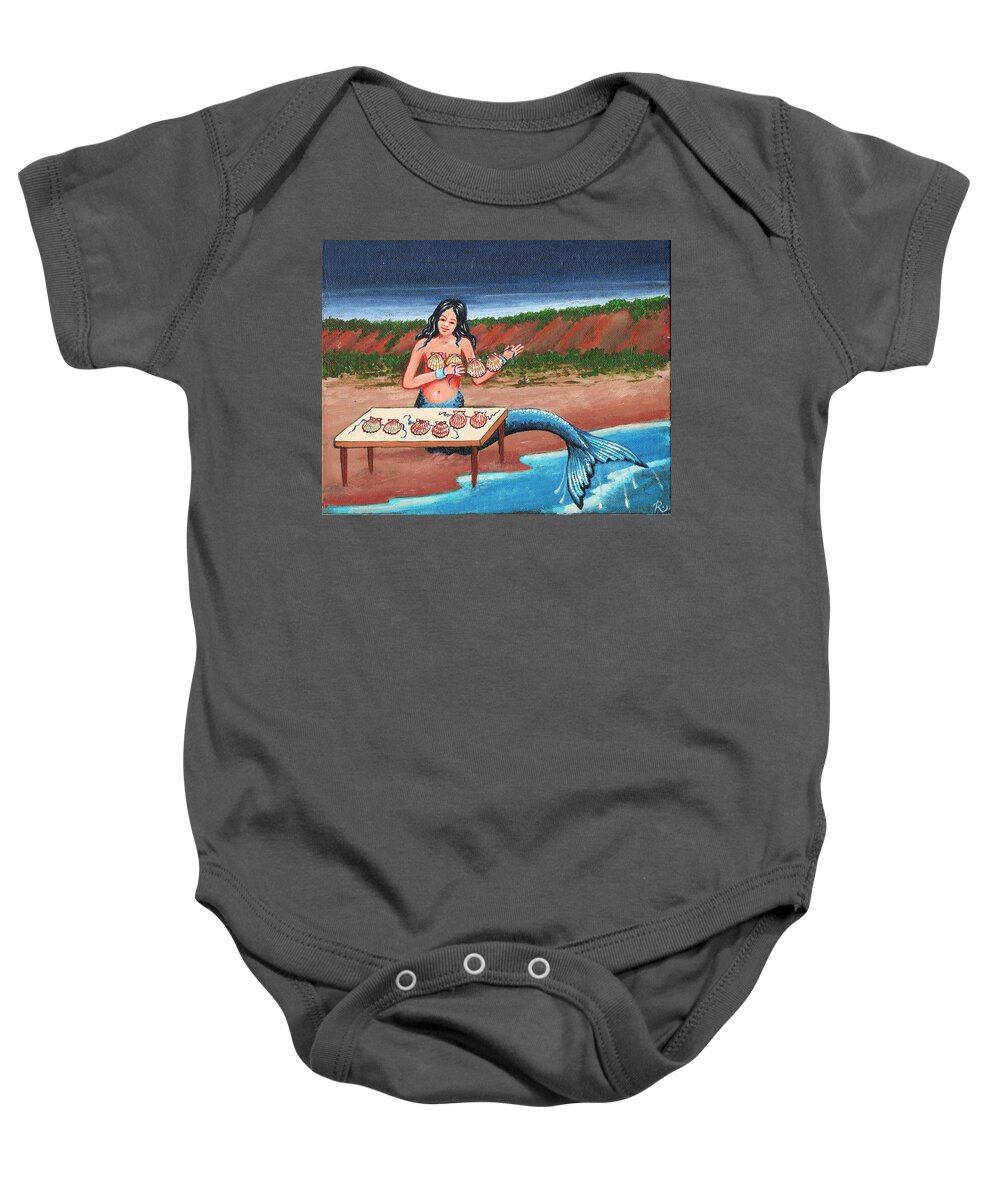 Mermaids Baby Onesie featuring the painting Sheila sells seashells by the seashore by James RODERICK