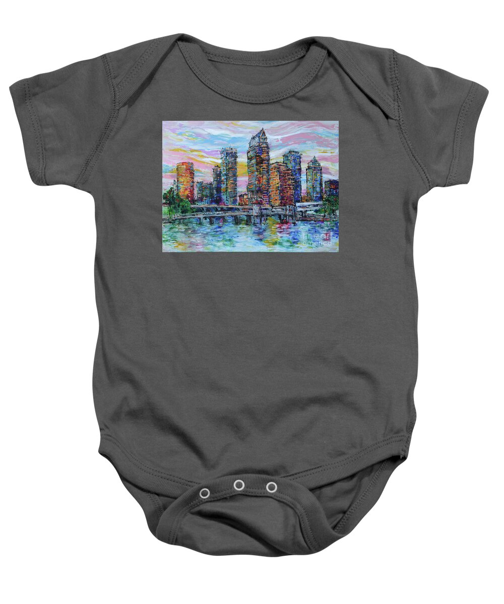 Tampa Skyline Baby Onesie featuring the painting Shimmering Tampa Skyline by Jyotika Shroff