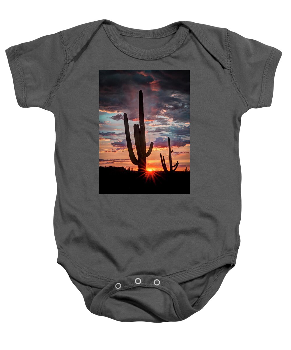 Desert Baby Onesie featuring the photograph Silhouetted Saguaro by Laura Hedien