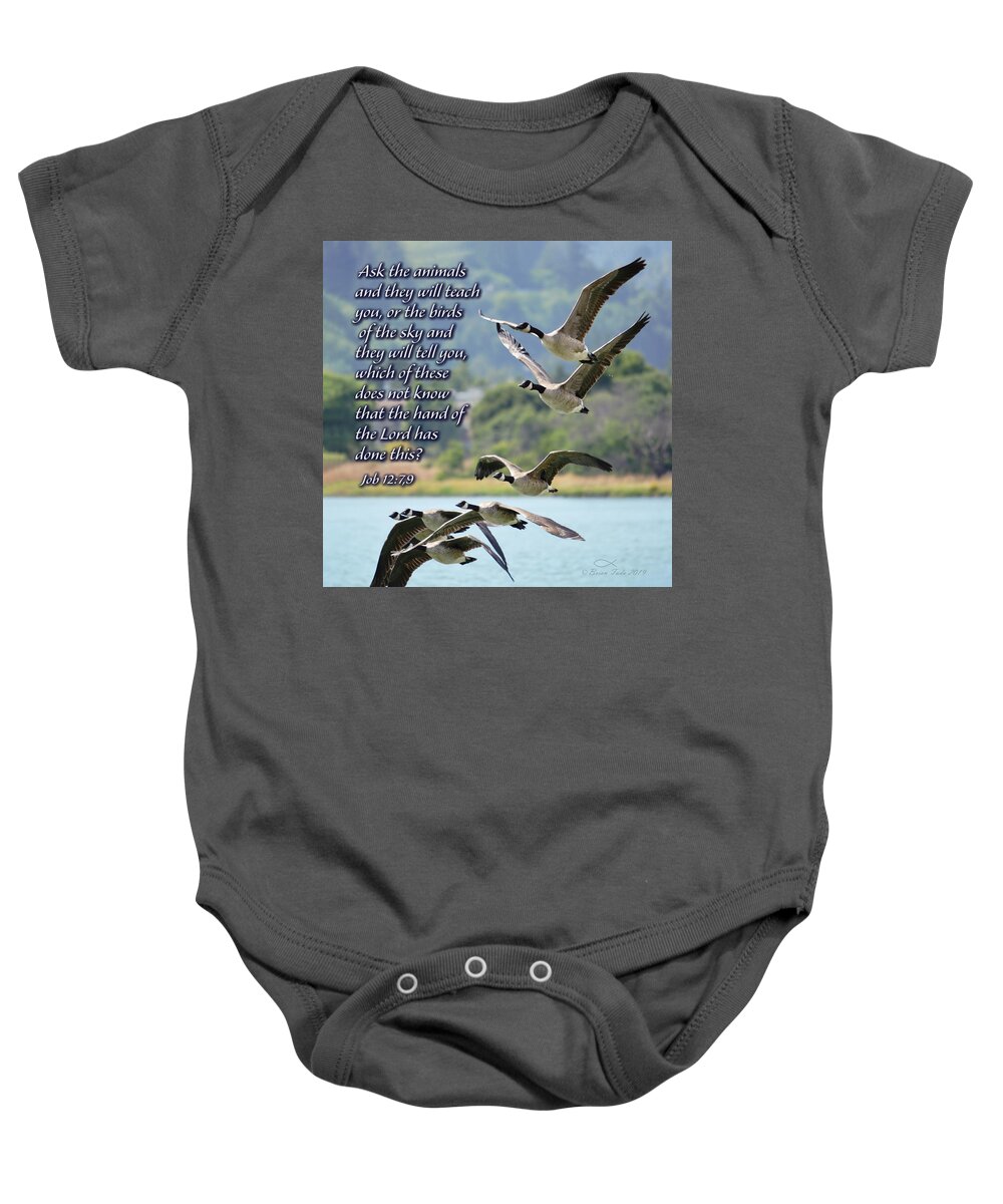 Bible Verse Baby Onesie featuring the photograph Skein of Canada Geese with Scripture by Brian Tada