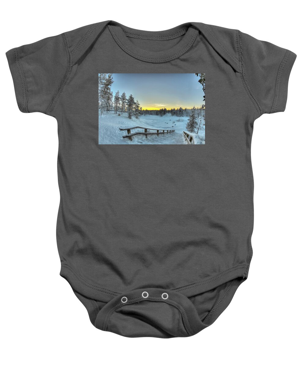 Tourism Baby Onesie featuring the photograph Sledding in the Evening by Laura Hedien