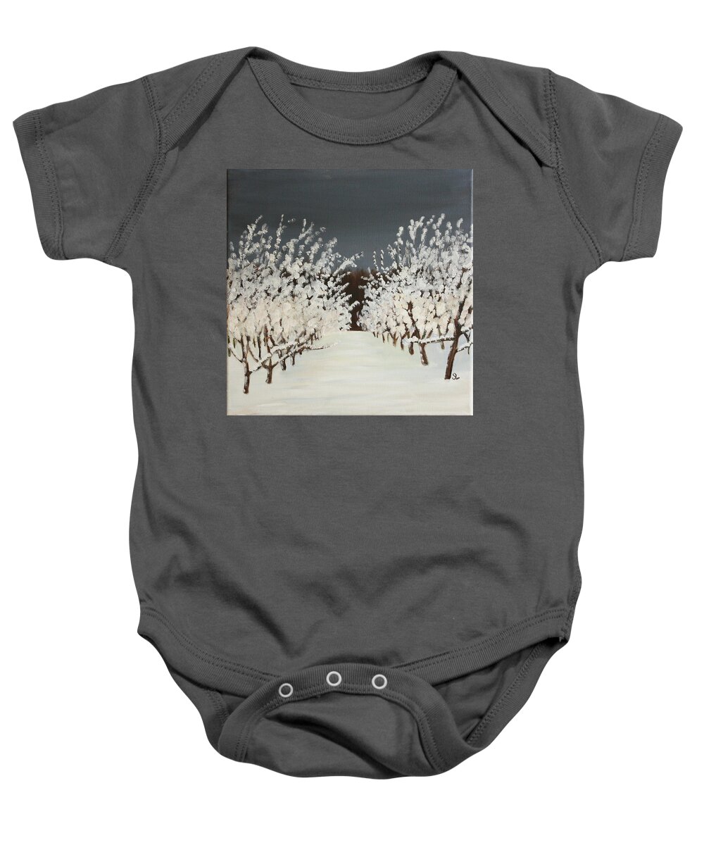 Niagara Baby Onesie featuring the painting Snow Trees by Sarah Lynch
