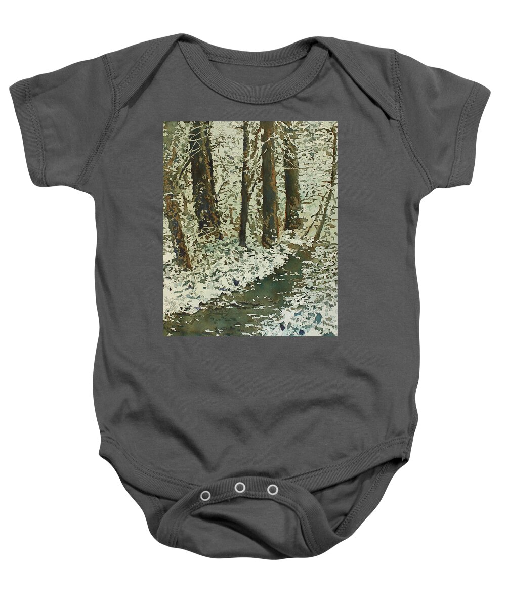 Snow Baby Onesie featuring the painting Spring Snow On Croisan Scenic by Jenny Armitage