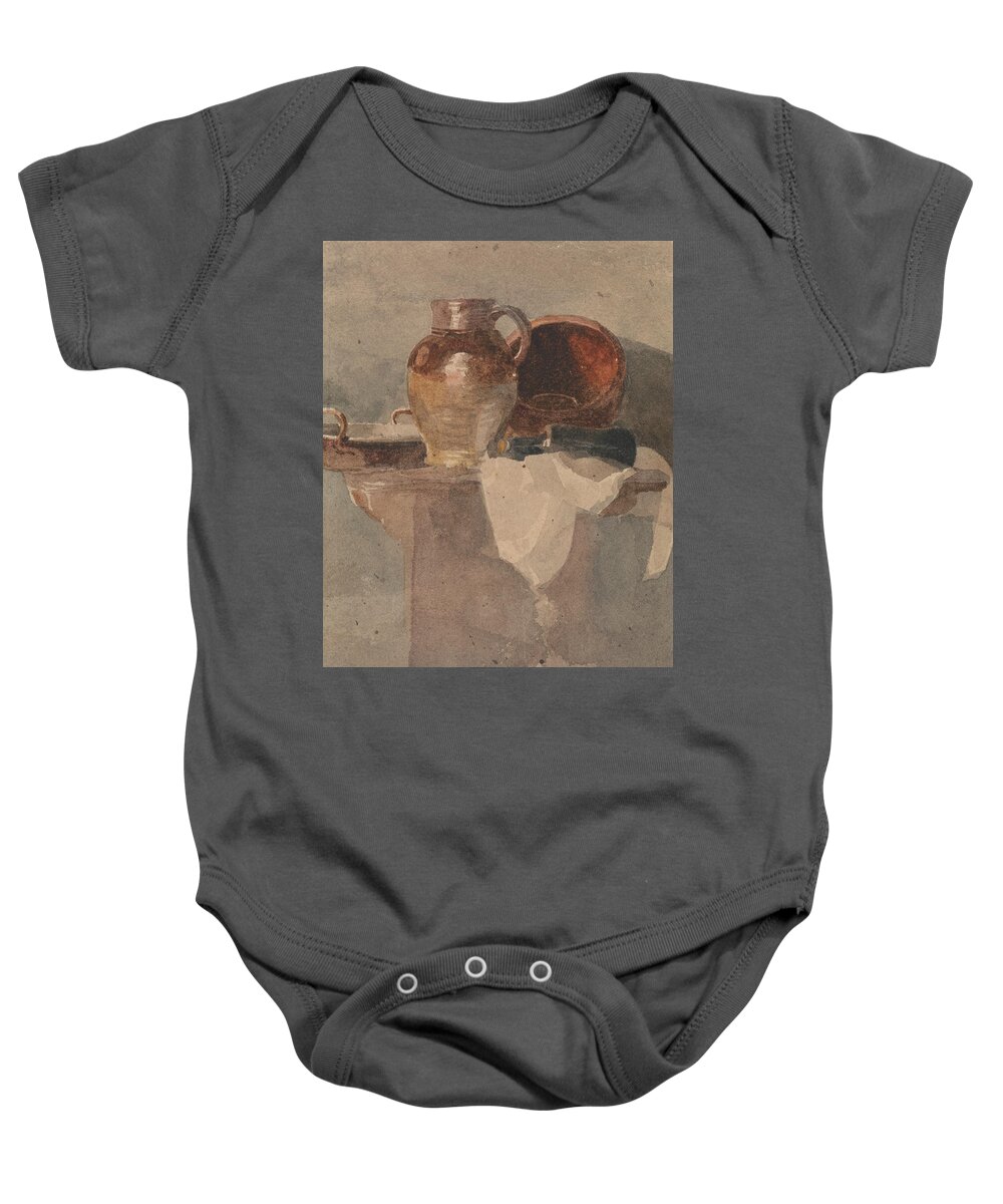 19th Century Art Baby Onesie featuring the drawing Still Life with a Jug and Copper Pan by Peter De Wint