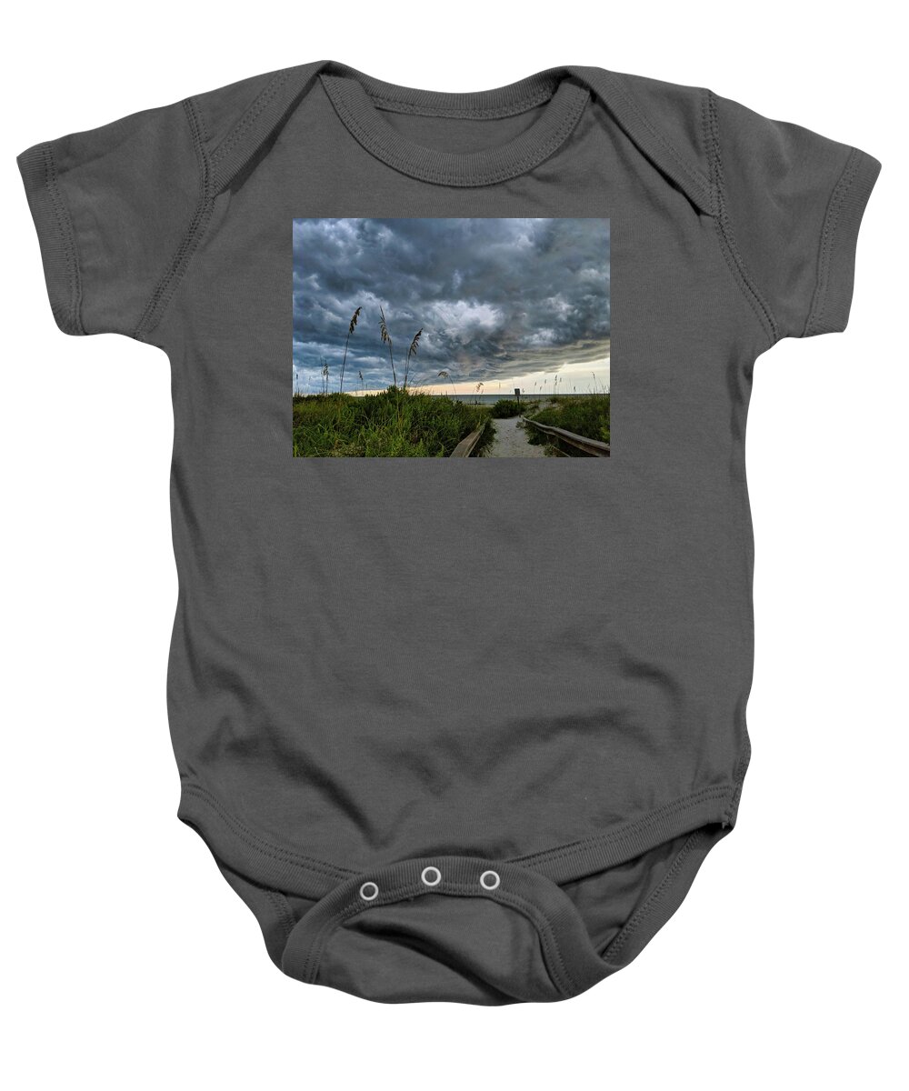 Sky Baby Onesie featuring the photograph Stormy Sunset by Portia Olaughlin