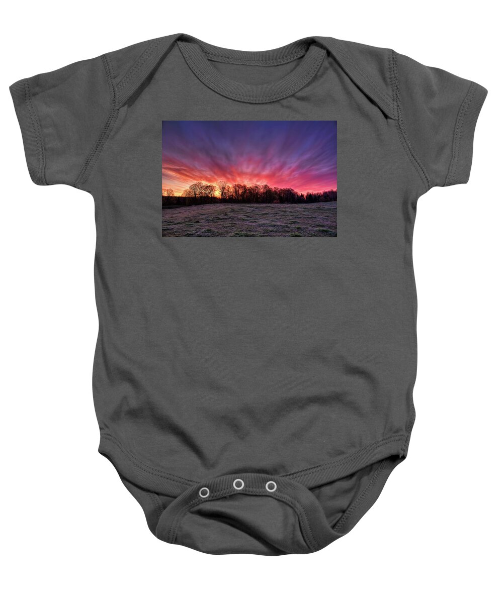 Farmer Baby Onesie featuring the photograph Sunrise Over A Frosted Pasture by Dale Kauzlaric