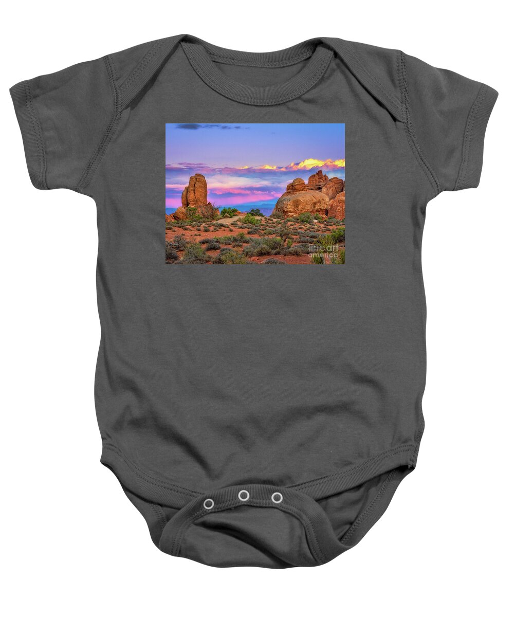 Moab Baby Onesie featuring the photograph Sunset at Arches National Park by Izet Kapetanovic