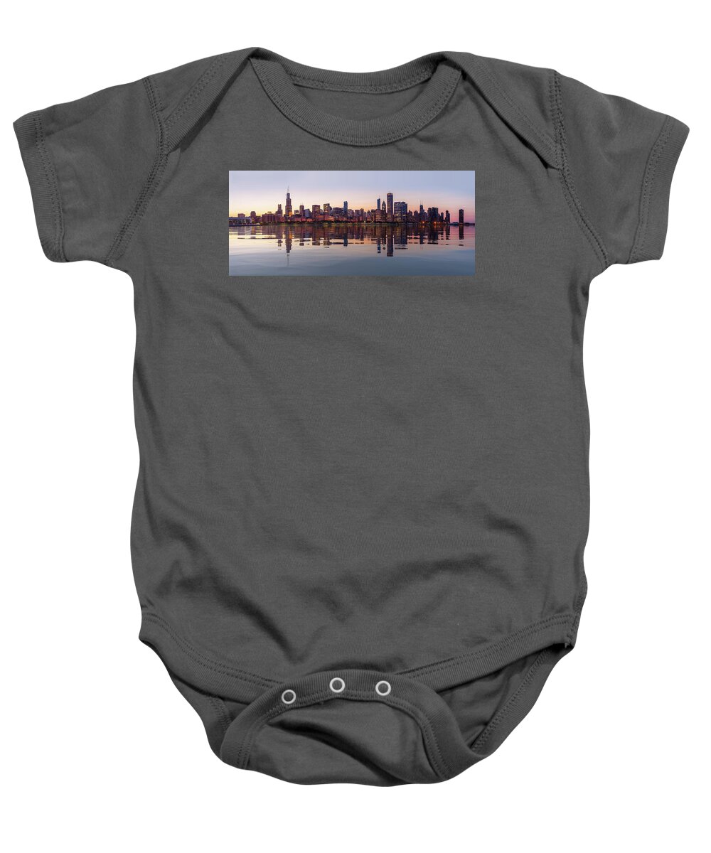Illinois Baby Onesie featuring the photograph Sunset over city skyline Chicago from Observatory by Steven Heap