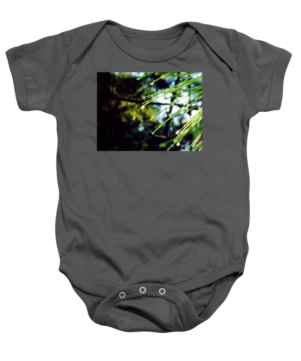 Pine Needle Baby Onesie featuring the photograph Sunshine Dewdrop by D Hackett