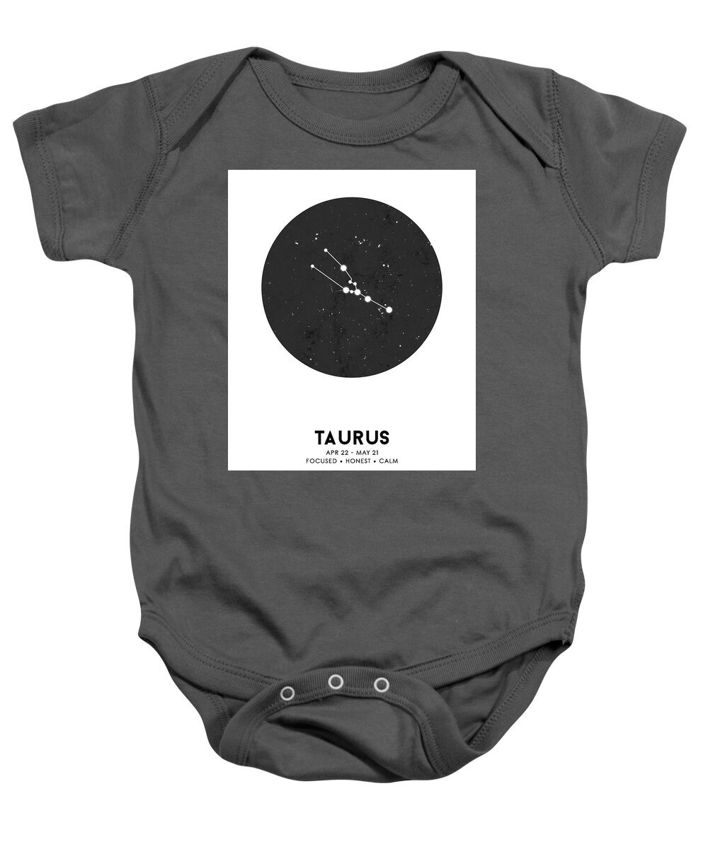 Taurus Baby Onesie featuring the mixed media Taurus Print - Zodiac Signs Print - Zodiac Posters - Taurus Poster - Night Sky - Taurus Traits by Studio Grafiikka