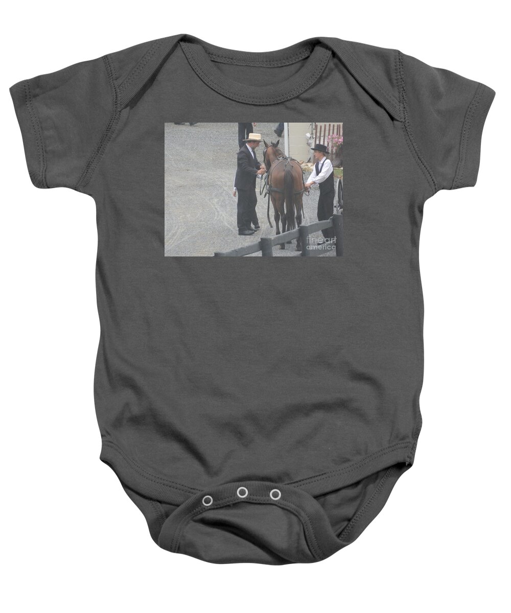 Amish Baby Onesie featuring the photograph Tending to a Horse by Christine Clark
