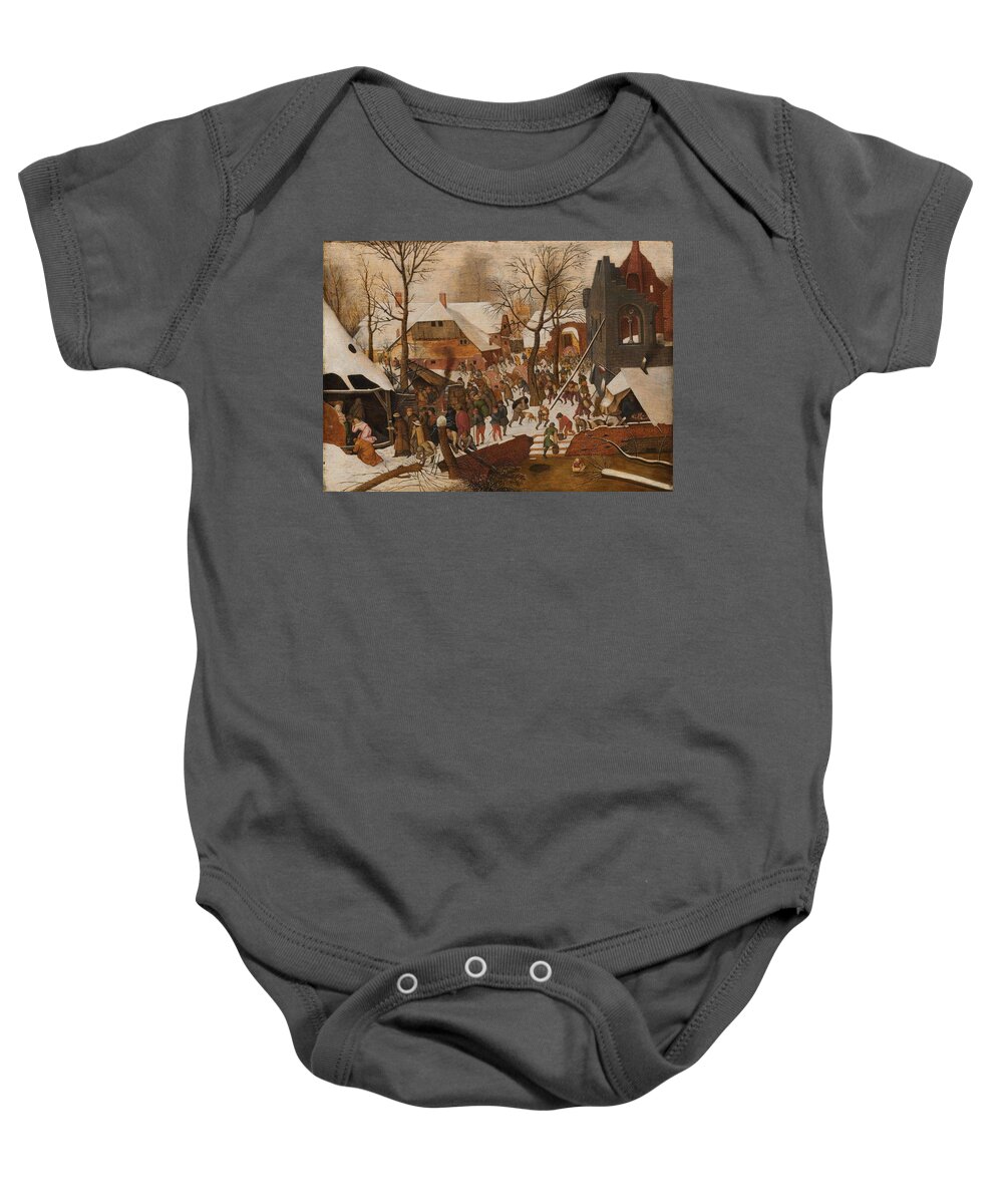 Oil On Panel Baby Onesie featuring the painting The Adoration of the Magi. by Pieter Brueghel -II-