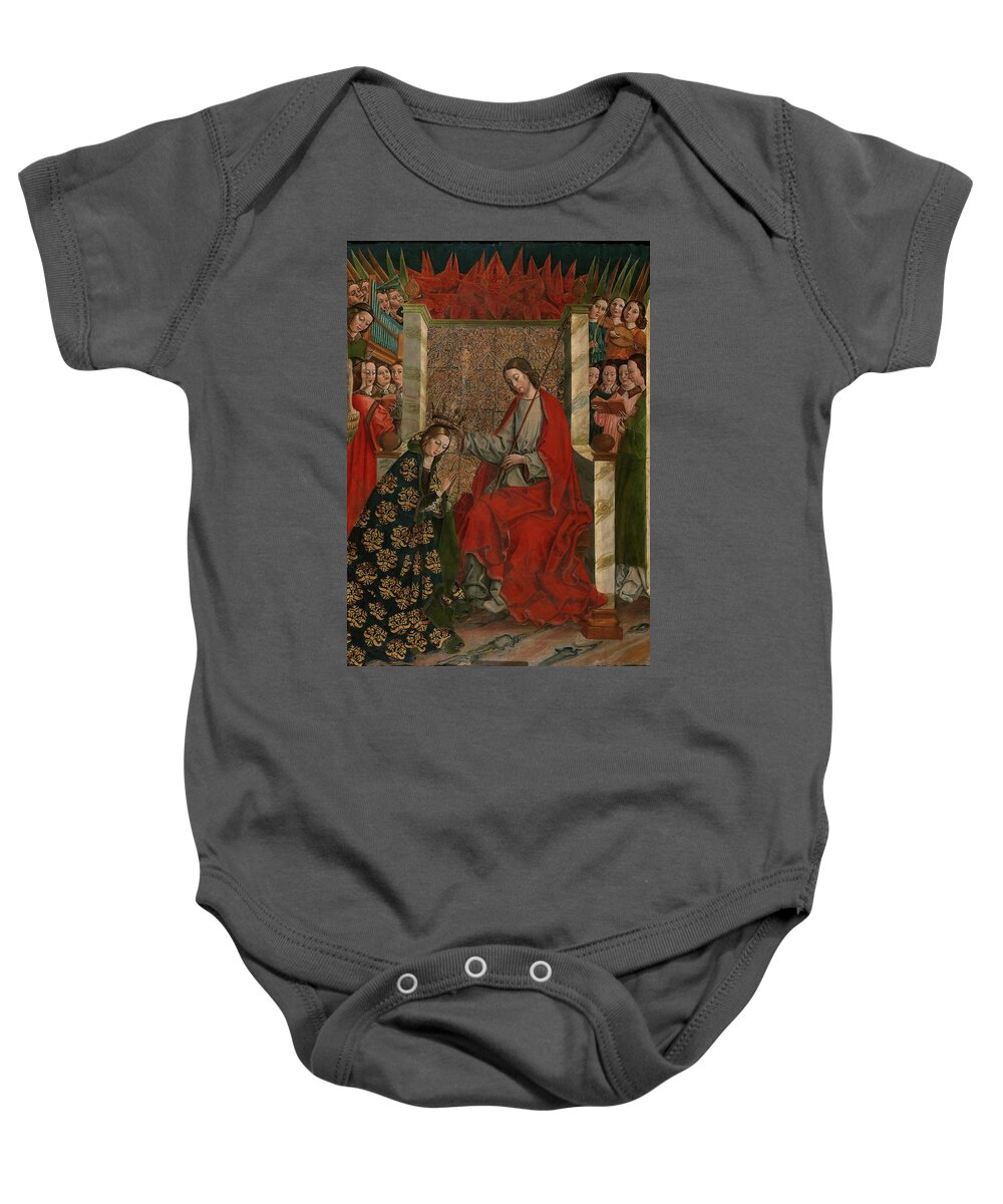 Maestro De Las Once Mil Virgenes Baby Onesie featuring the painting 'The Coronation of the Virgin'. Ca. 1490. Mixed method on panel. by Maestro de las Once Mil Virgenes -fl 1490-1500-