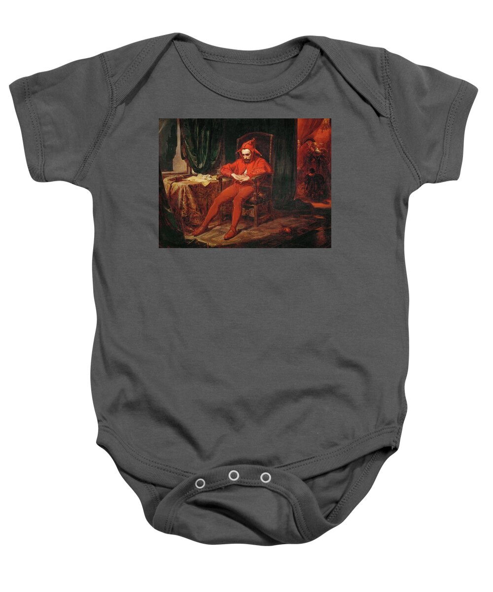 Jan Matejko Baby Onesie featuring the painting The court jester Stanczyk receives news of the loss of Smolensk -1514-. by Jan Matejko