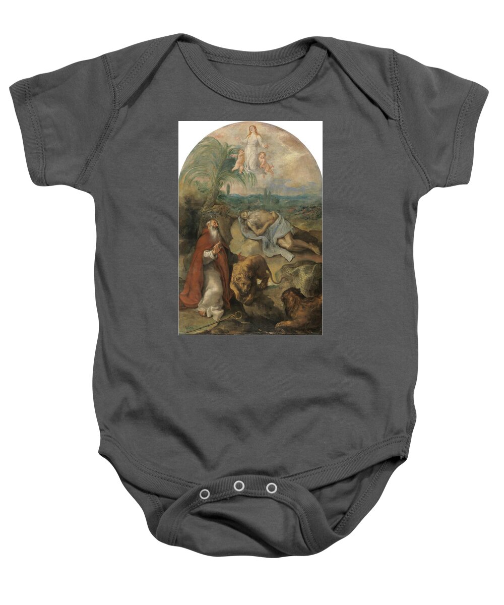 Camilo Francisco Baby Onesie featuring the painting 'The Death of Saint Paul the Hermit'. Ca. 1649. Oil on canvas. Anthony the Great. by Francisco Camilo -1615-1673-
