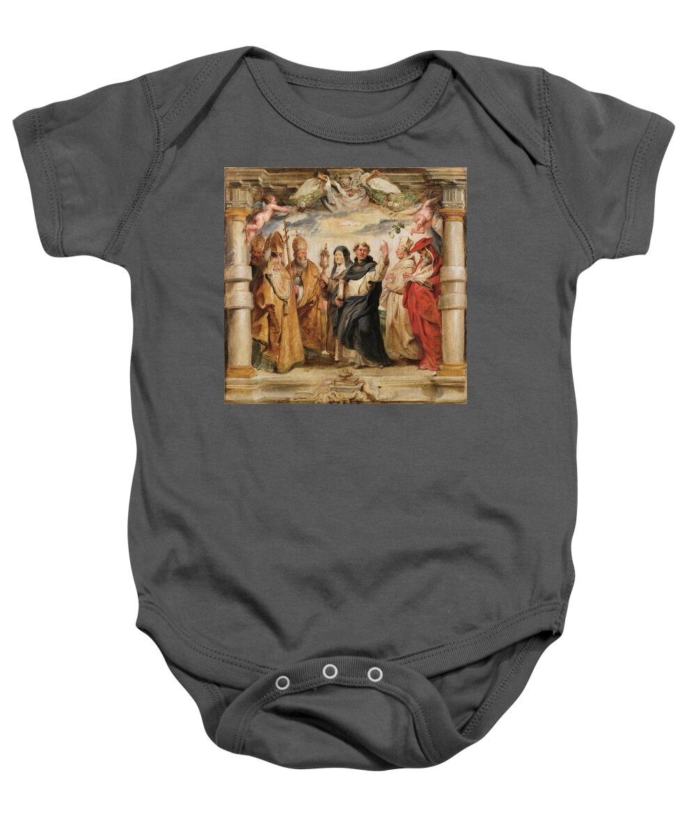 Peter Paul Rubens Baby Onesie featuring the painting 'The Defenders of the Eucharist'. Ca. 1625. Oil on panel. by Peter Paul Rubens -1577-1640-