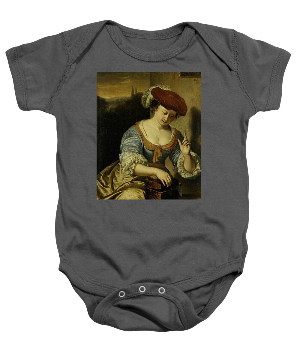 17th Century Art Baby Onesie featuring the painting The Escaped Bird - Allegory of the Lost Chastity by Frans van Mieris the Elder