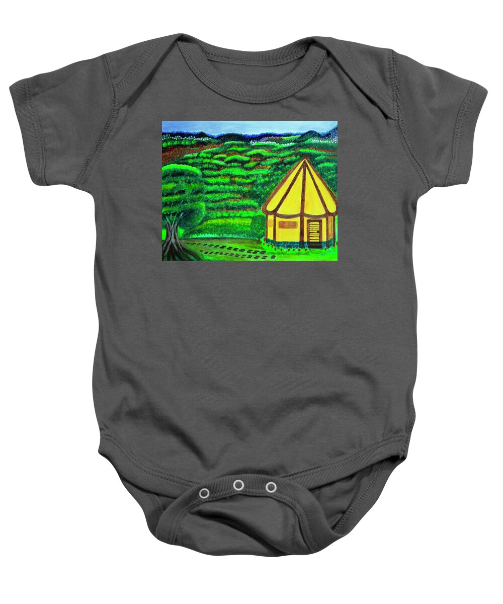 All Apparels Baby Onesie featuring the painting The Footsteps And The Promised by Lorna Maza