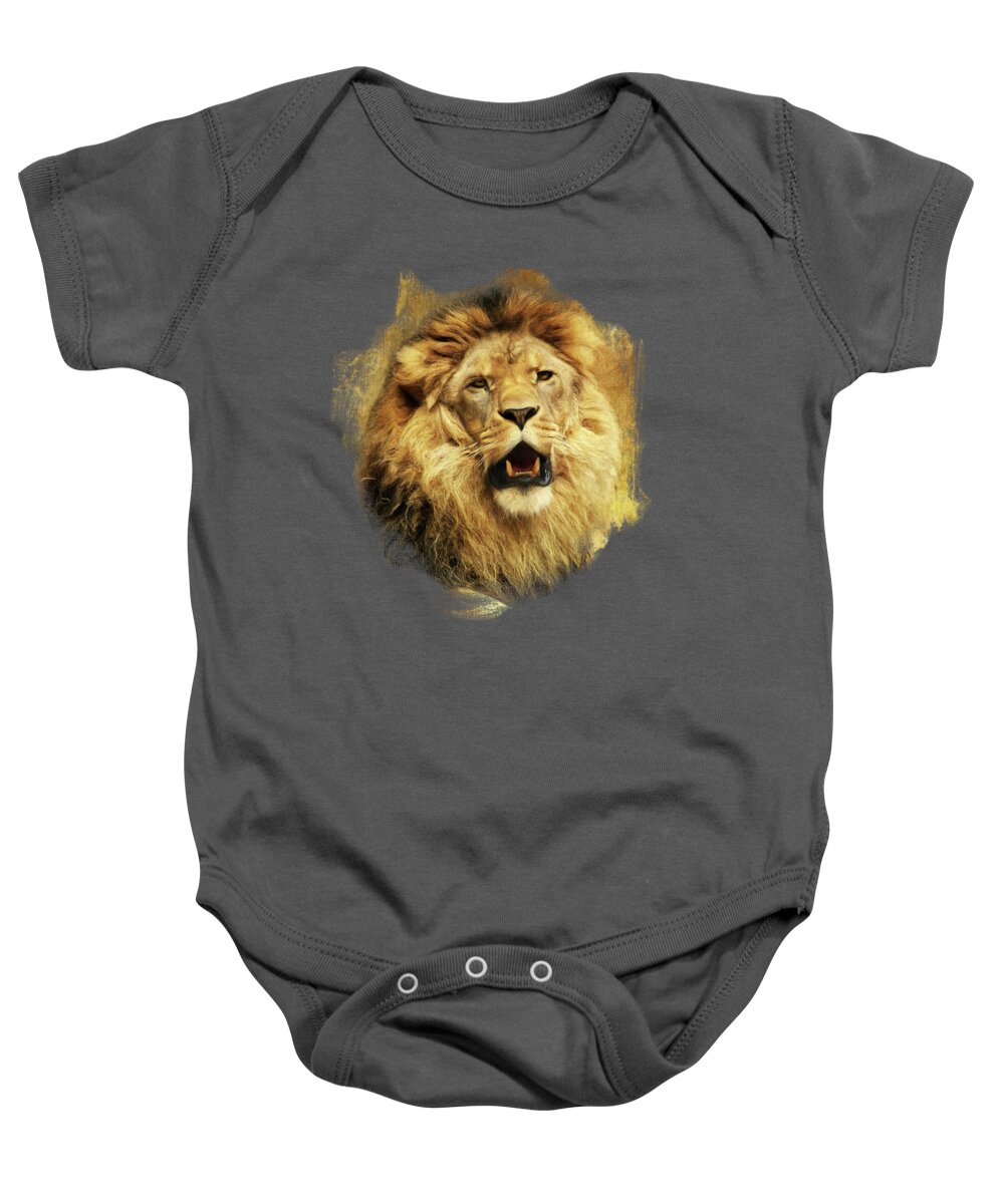 Lion Baby Onesie featuring the mixed media The King by Angela Doelling