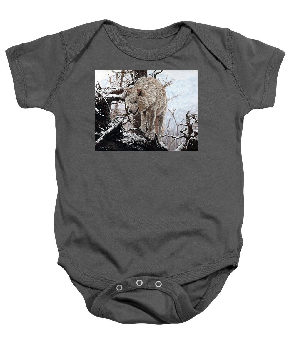 Grey Wolf Baby Onesie featuring the pastel The Lookout by Linda Becker