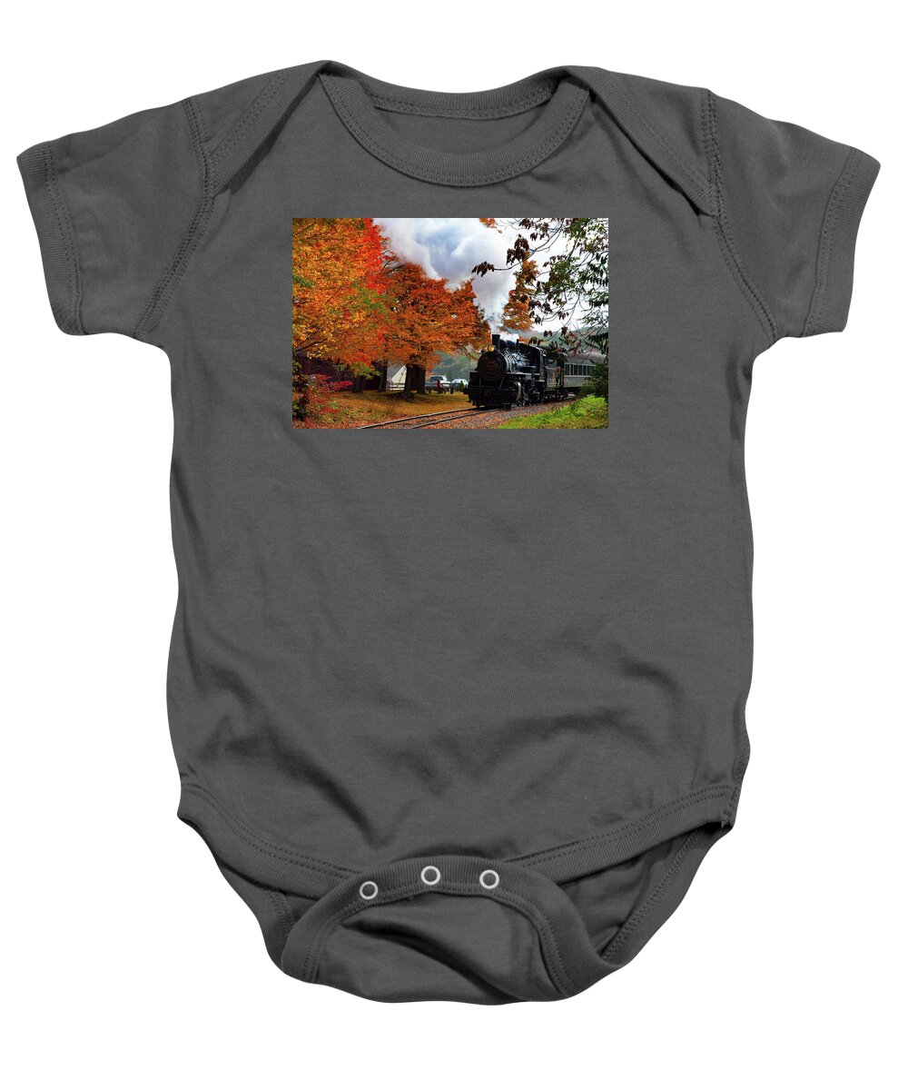 Essex Steam Train Baby Onesie featuring the photograph The Number 40 steam train in Essex CT by Jeff Folger