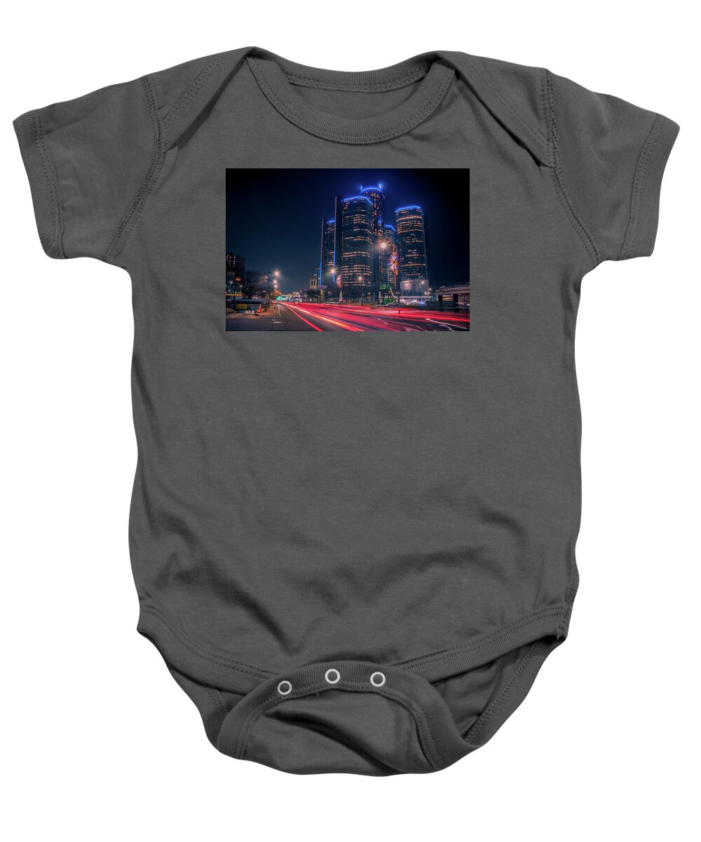Detroit Baby Onesie featuring the photograph The Renaissance Center on Jefferson at night... by Jay Smith