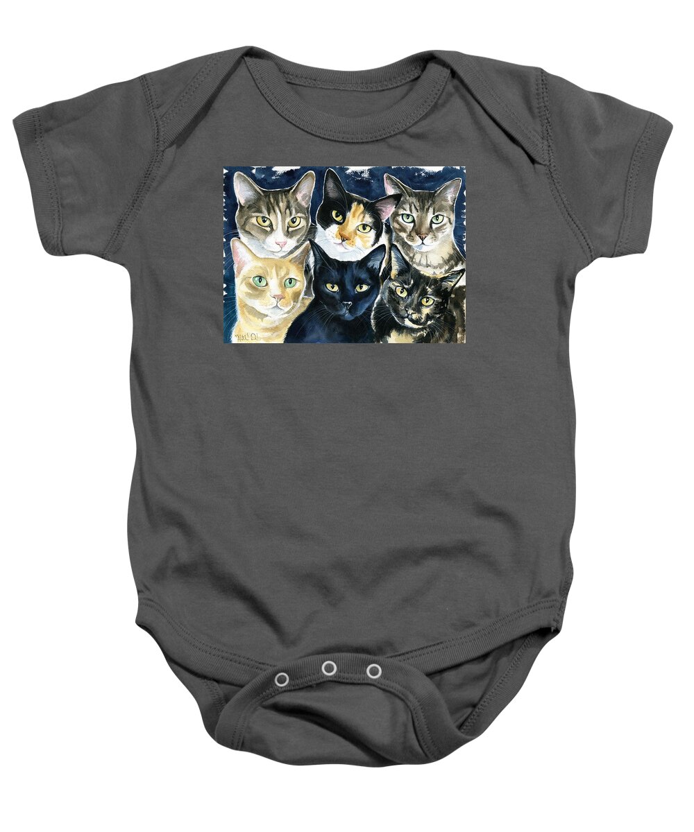 Pet Portrait Baby Onesie featuring the painting The Tuna Can Gang by Dora Hathazi Mendes