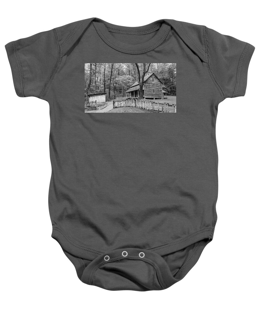 Tipton Place Baby Onesie featuring the photograph Tipton Place in Black and White by Marcy Wielfaert