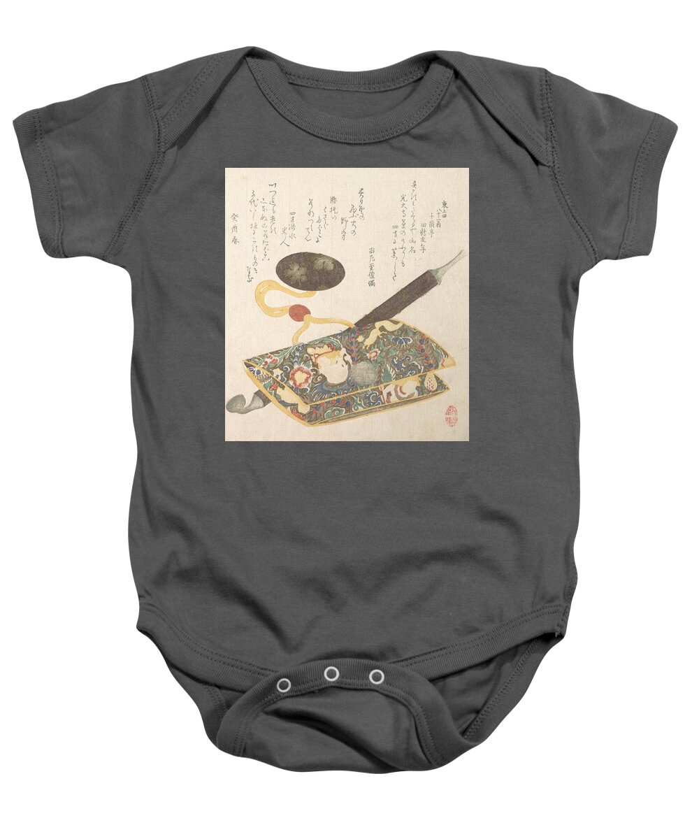 19th Century Art Baby Onesie featuring the relief Tobacco Pouch and Pipe by Kubo Shunman