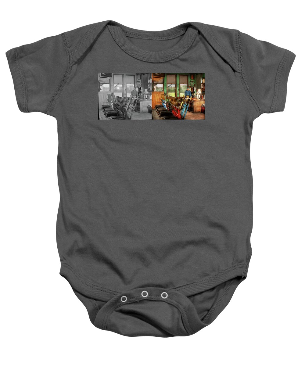 Train Baby Onesie featuring the photograph Train - Controls - In the signal tower 1940 - Side by Side by Mike Savad