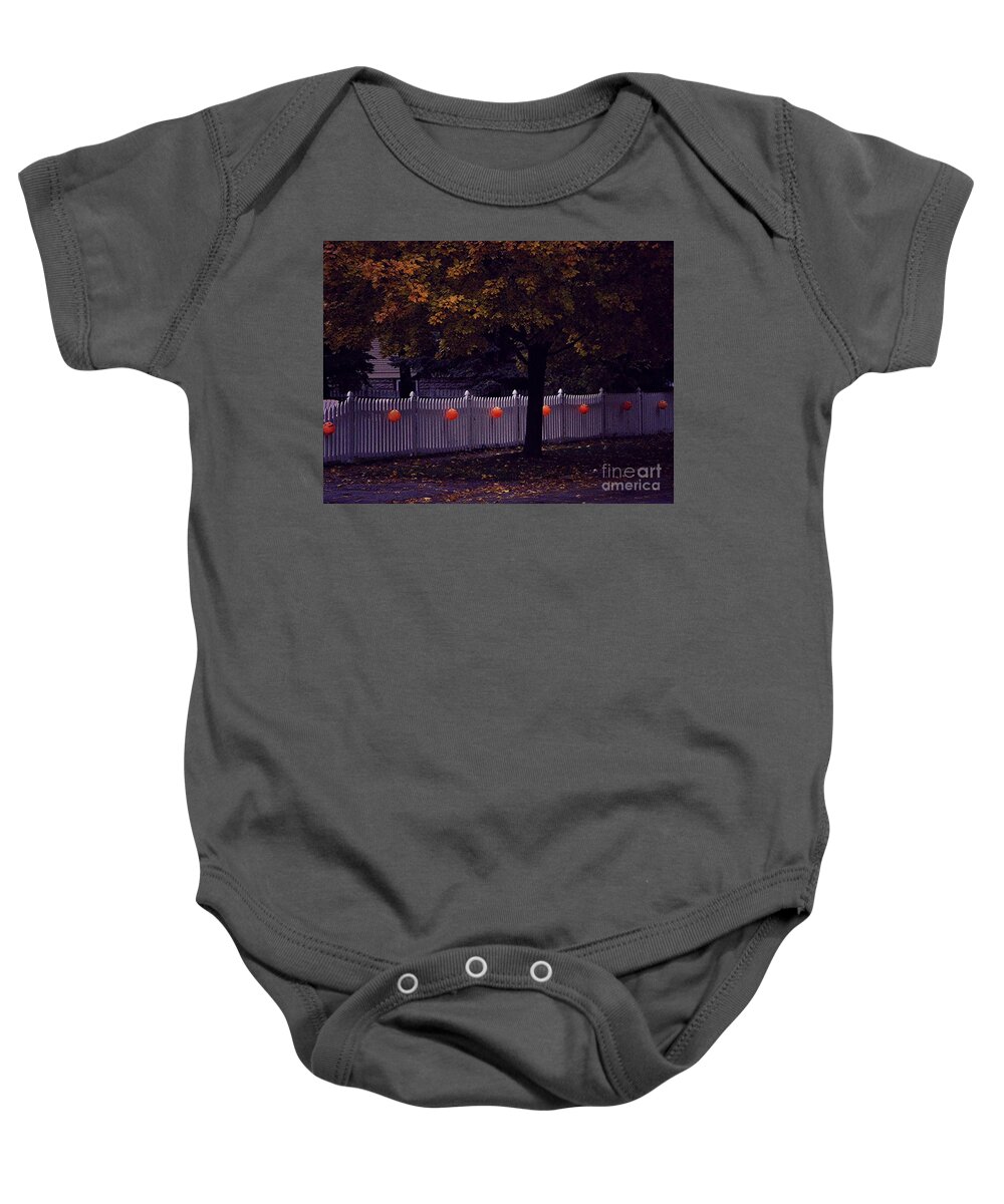 Halloween Baby Onesie featuring the photograph Trick or Treat Trail Pumpkins White Picket Fence Autumn Tree by Frank J Casella