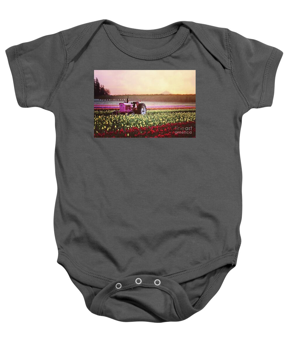Tulips Baby Onesie featuring the photograph Tulip Festival Pink tractor by Sylvia Cook