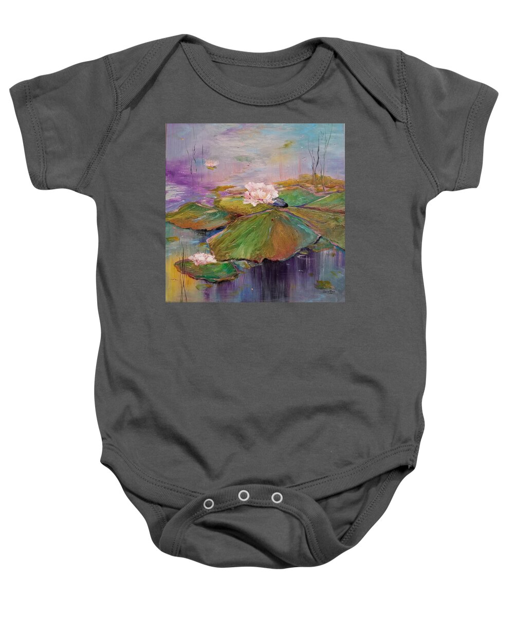 Lily Pad Baby Onesie featuring the painting Unburdened Embrace by Judith Rhue
