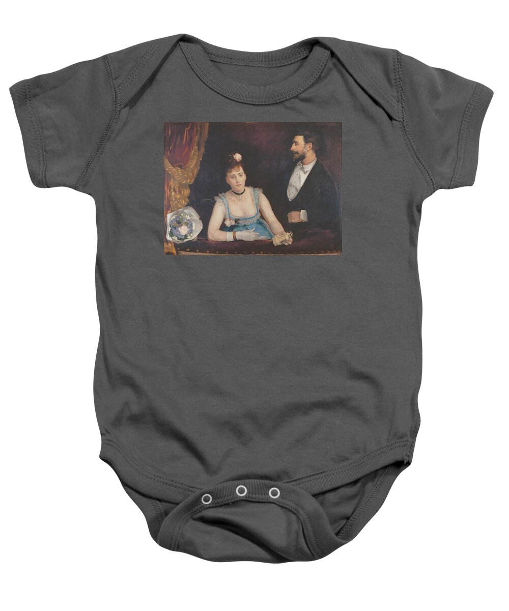 Eva Gonzales Baby Onesie featuring the painting Une loge aux Italiens-a box at the Italian Opera, around 1874 Canvas, 98 x 130. by Eva Gonzales