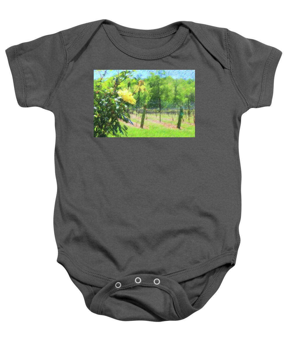 Vineyard Baby Onesie featuring the photograph Vineyard Yellow Roses In Spring 3 by Cathy Lindsey