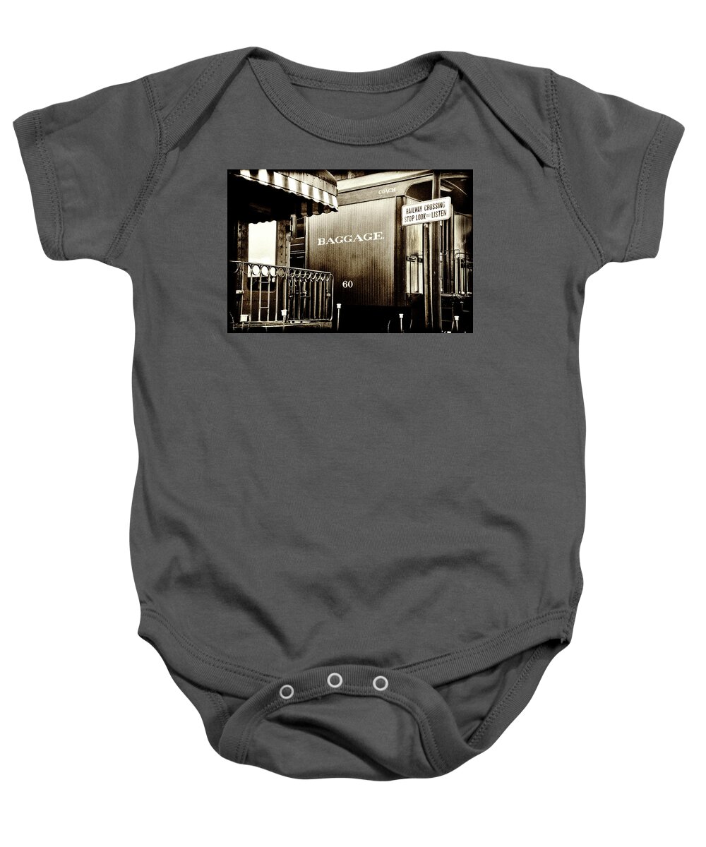 Railroad Baby Onesie featuring the photograph Vintage - Railroad Baggage Car - B W by Paul W Faust - Impressions of Light