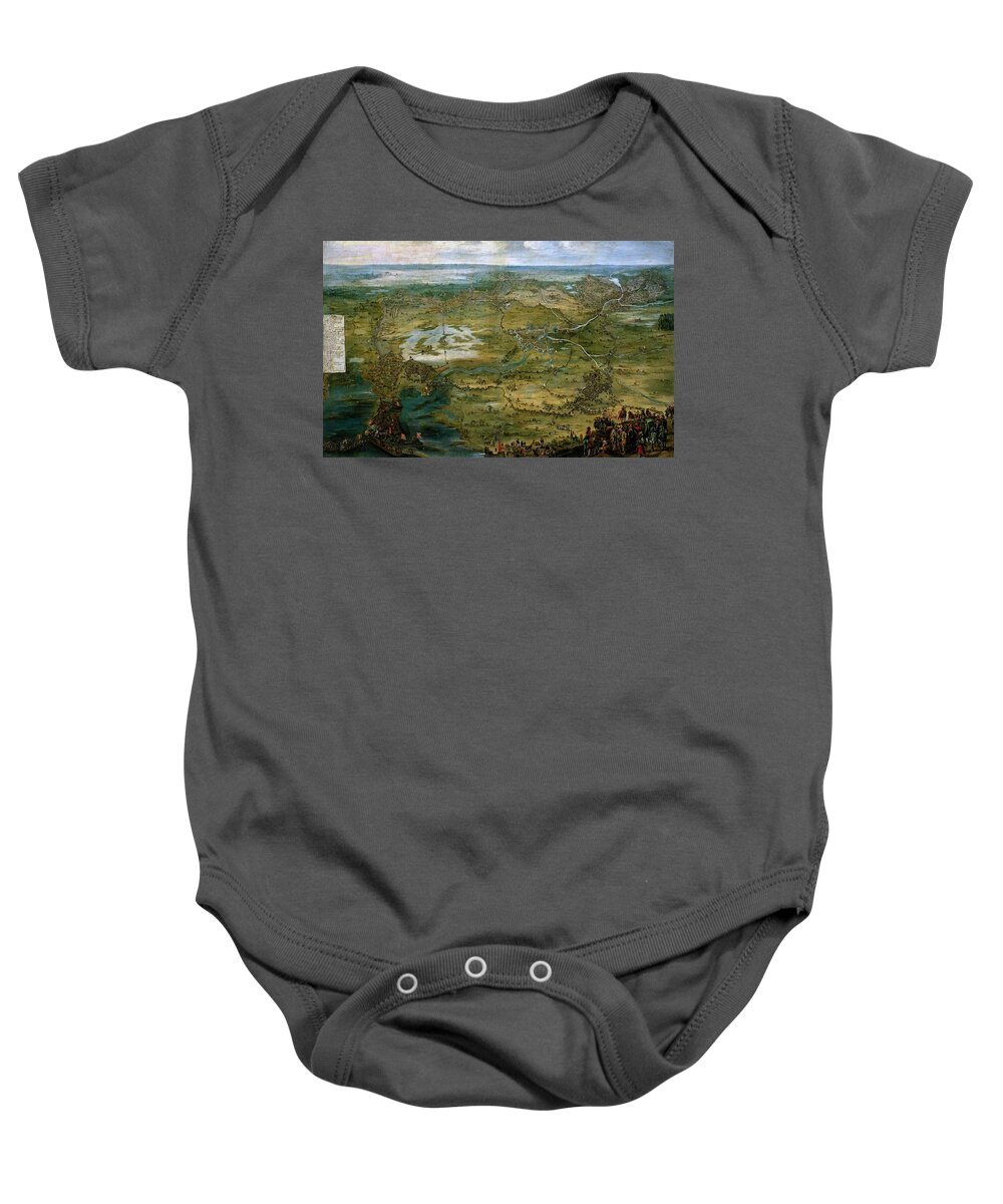 Pieter Snayers Baby Onesie featuring the painting 'Vista caballera del Sitio de Breda', First half 17th century, Flemish School, Oi... by Pieter Snayers -1592-1667-