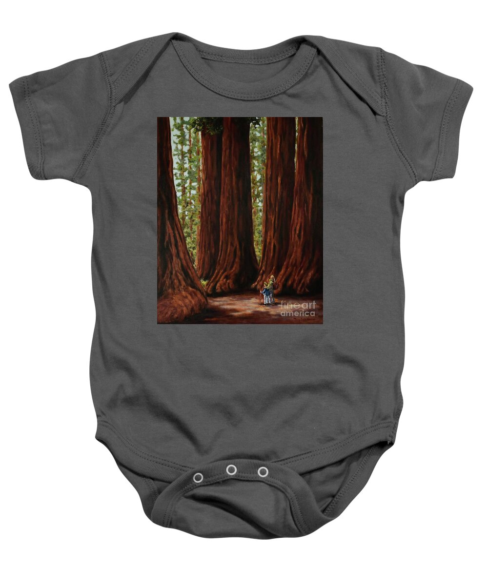 Giant Sequoia Baby Onesie featuring the painting Walking With Giants by Mary Beth Harrison