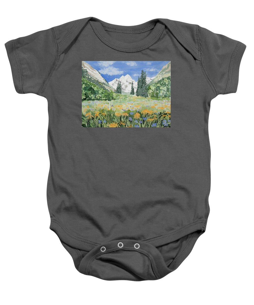 Landscape Baby Onesie featuring the painting Watercolor- Maroon Bells Summer Landscape by Cascade Colors