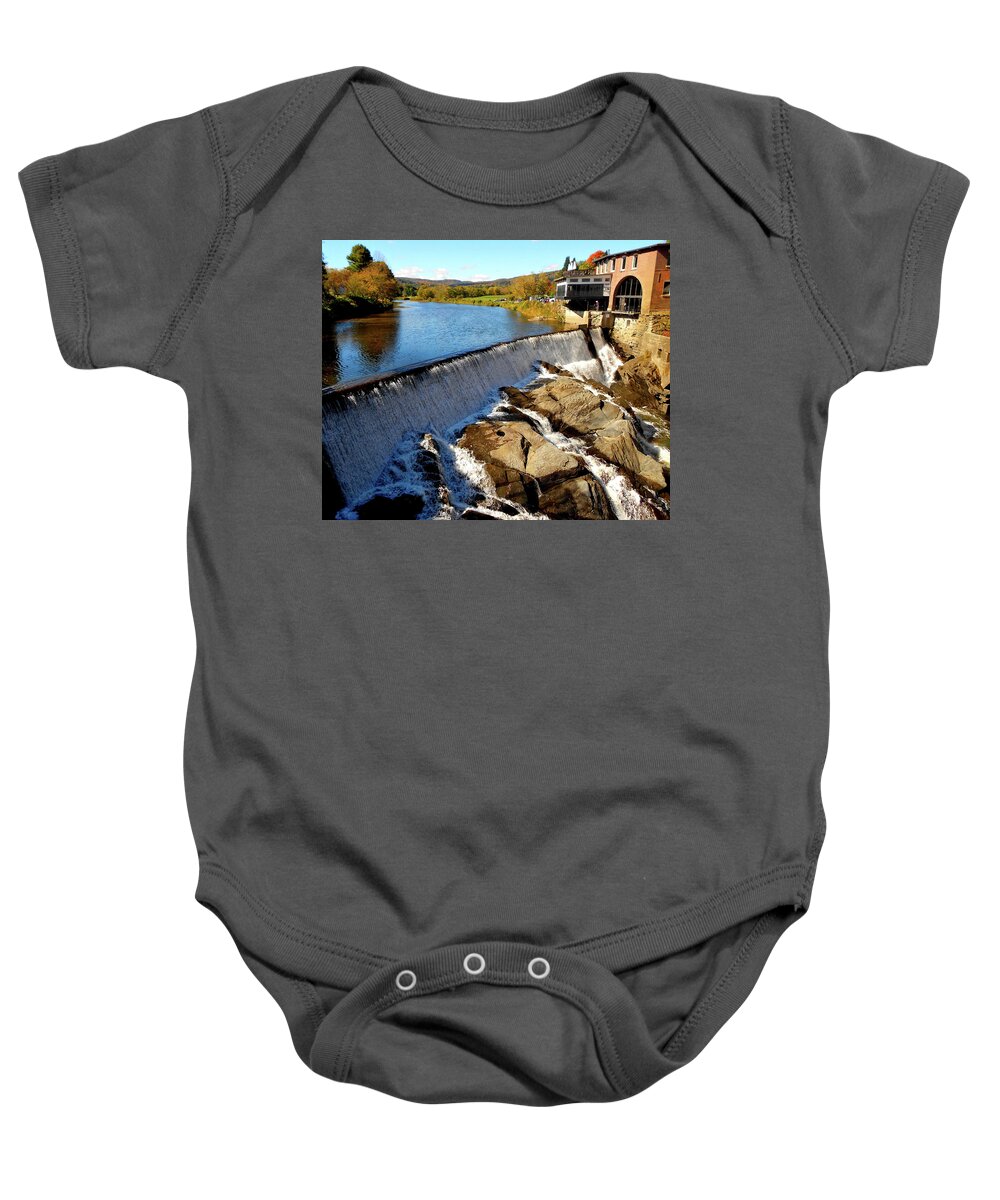 Waterfall Baby Onesie featuring the photograph Waterfall Behind Parker House Bar and Bistro in Vermont by Linda Stern